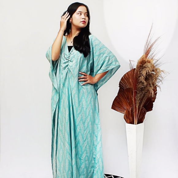 0109/ Pale Teal Leaf Pattern Kaftan, Long Kaftan - Picture 11 of 14